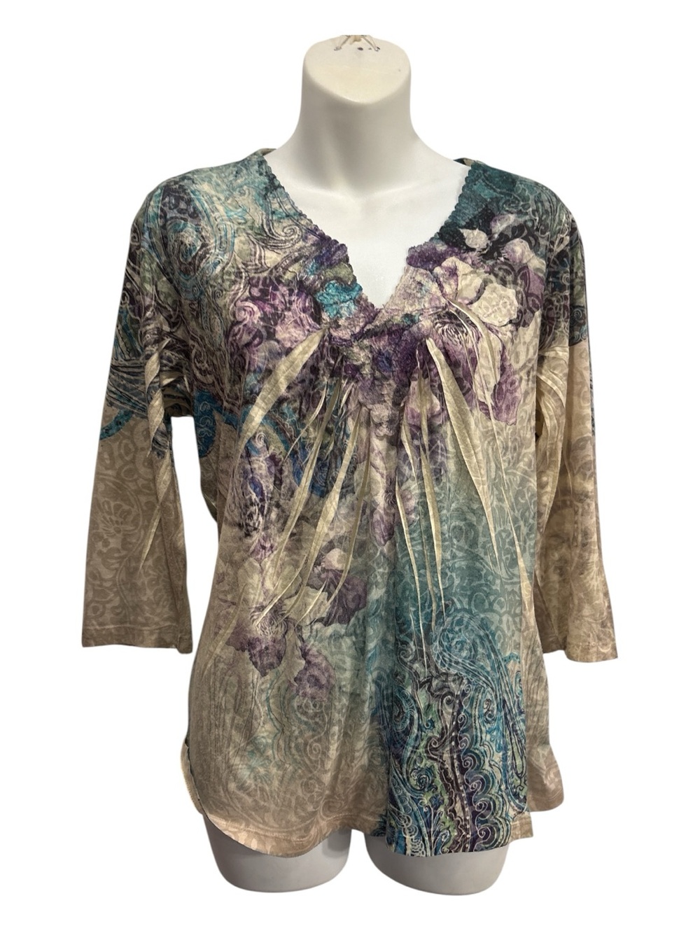 Christopher & Banks Floral Print V-Neck 3/4 Sleeve Women’s Top - Multicolor sz M